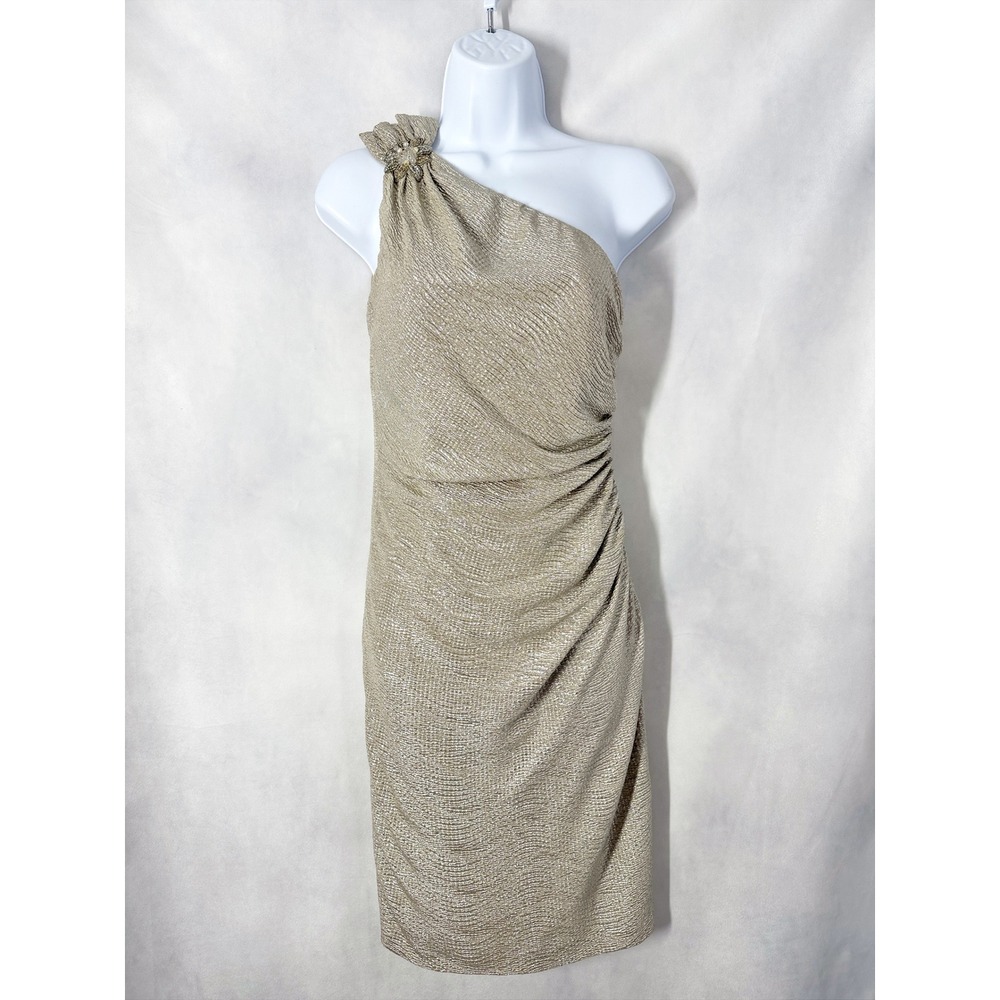 David Meister Gold Metallic One Shoulder Dress Beaded Flower Women's Size 2 - Picture 2 of 14